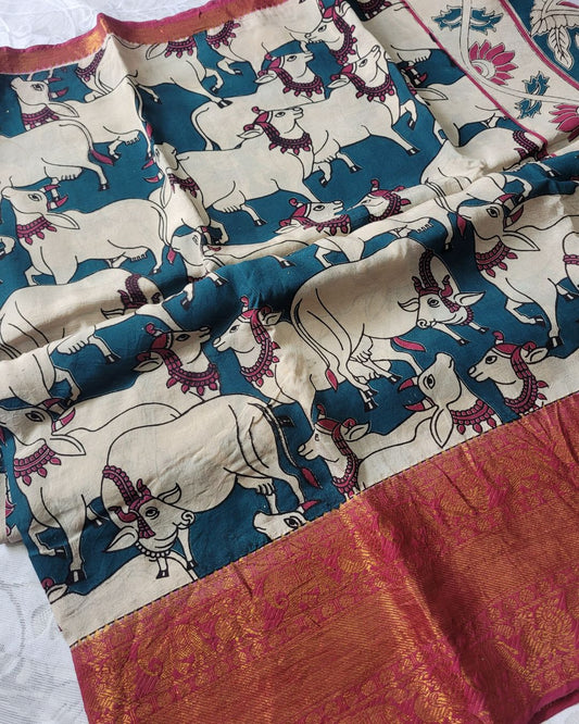 Kalamkari Chennur Silk 7 Inch Kanchi border saree - Nandi Pichwai