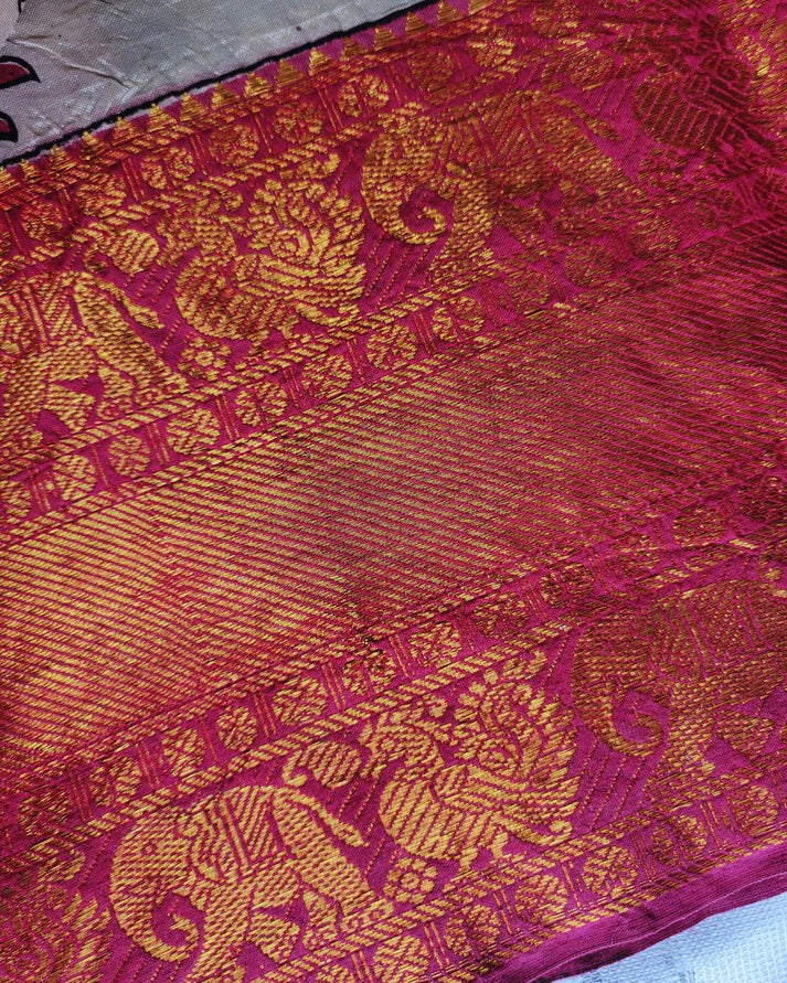 Kalamkari Chennur Silk 7 Inch Kanchi border saree - Nandi Pichwai
