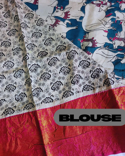 Kalamkari Chennur Silk 7 Inch Kanchi border saree - Nandi Pichwai