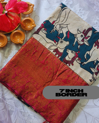 Kalamkari Chennur Silk 7 Inch Kanchi border saree - Nandi Pichwai