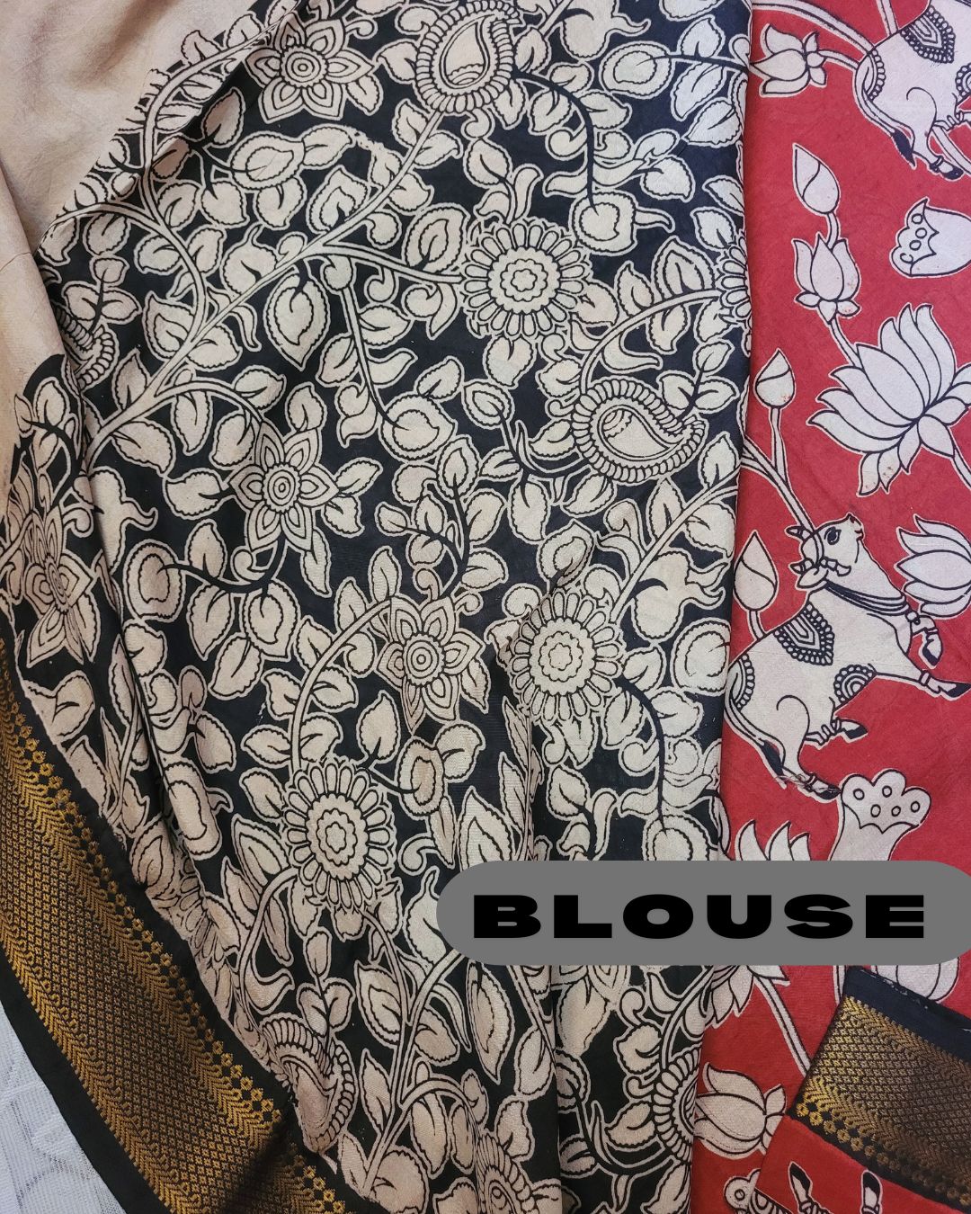 Kalamkari Nizam Border Brick Red Floral Printed Saree