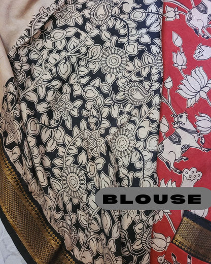 Kalamkari Nizam Border Brick Red Floral Printed Saree