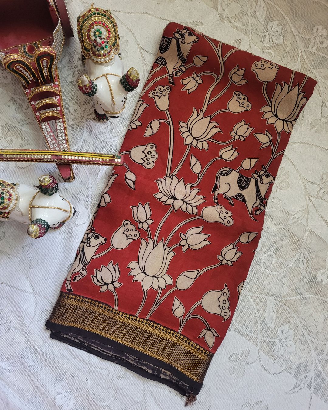 Kalamkari Nizam Border Brick Red Floral Printed Saree