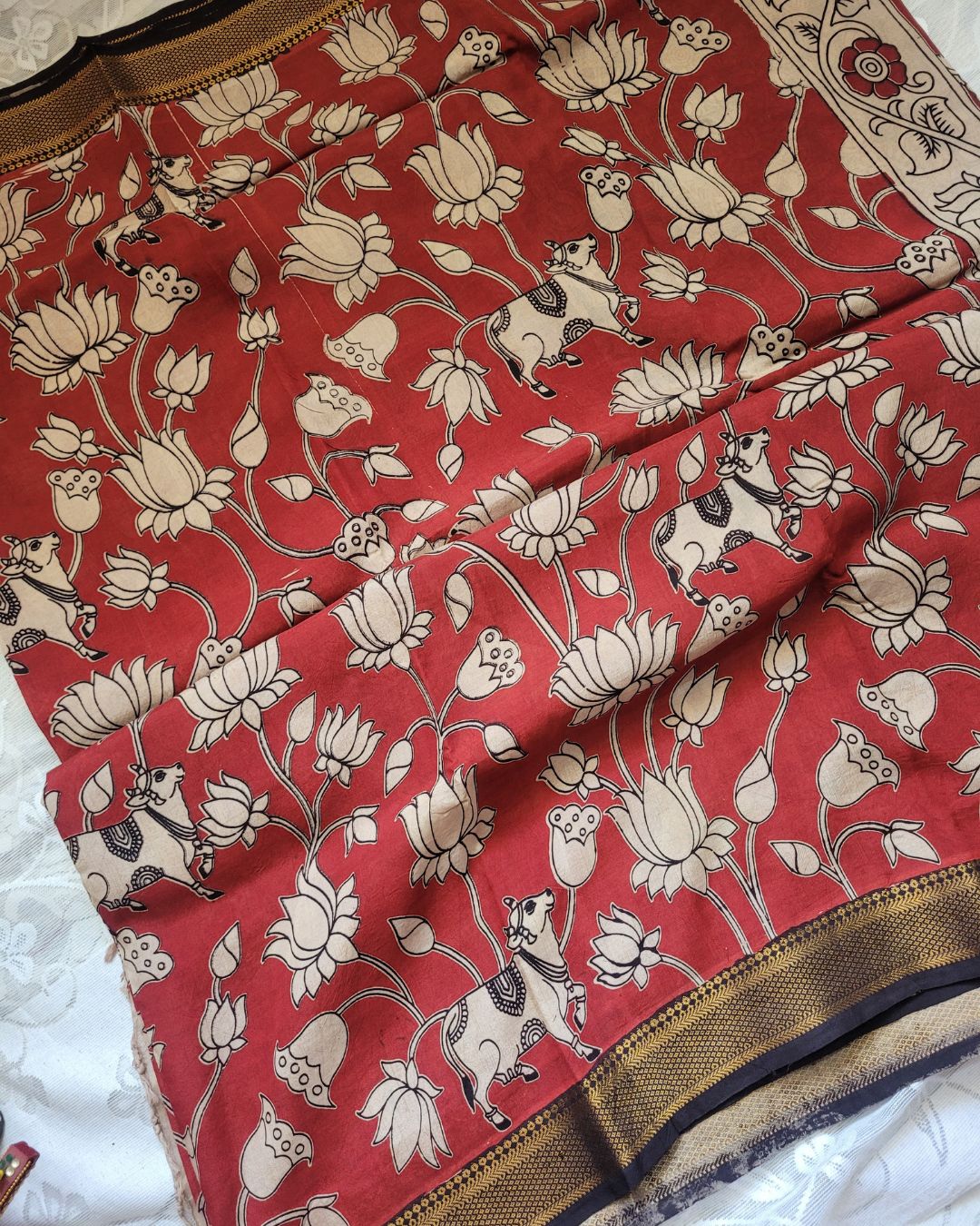 Kalamkari Nizam Border Brick Red Floral Printed Saree