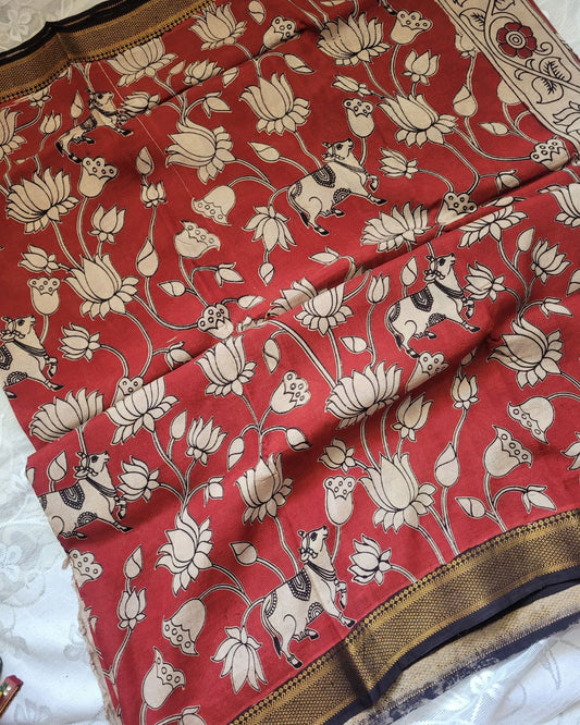 Kalamkari Nizam Border Brick Red Floral Printed Saree