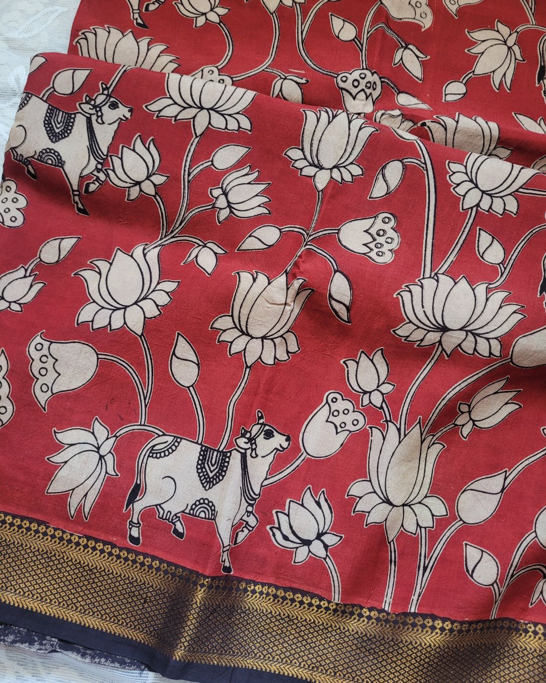 Kalamkari Nizam Border Brick Red Floral Printed Saree