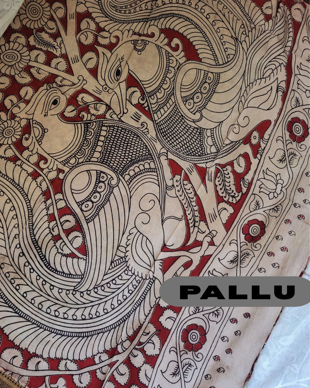 Kalamkari Nizam Border Brick Red Floral Printed Saree