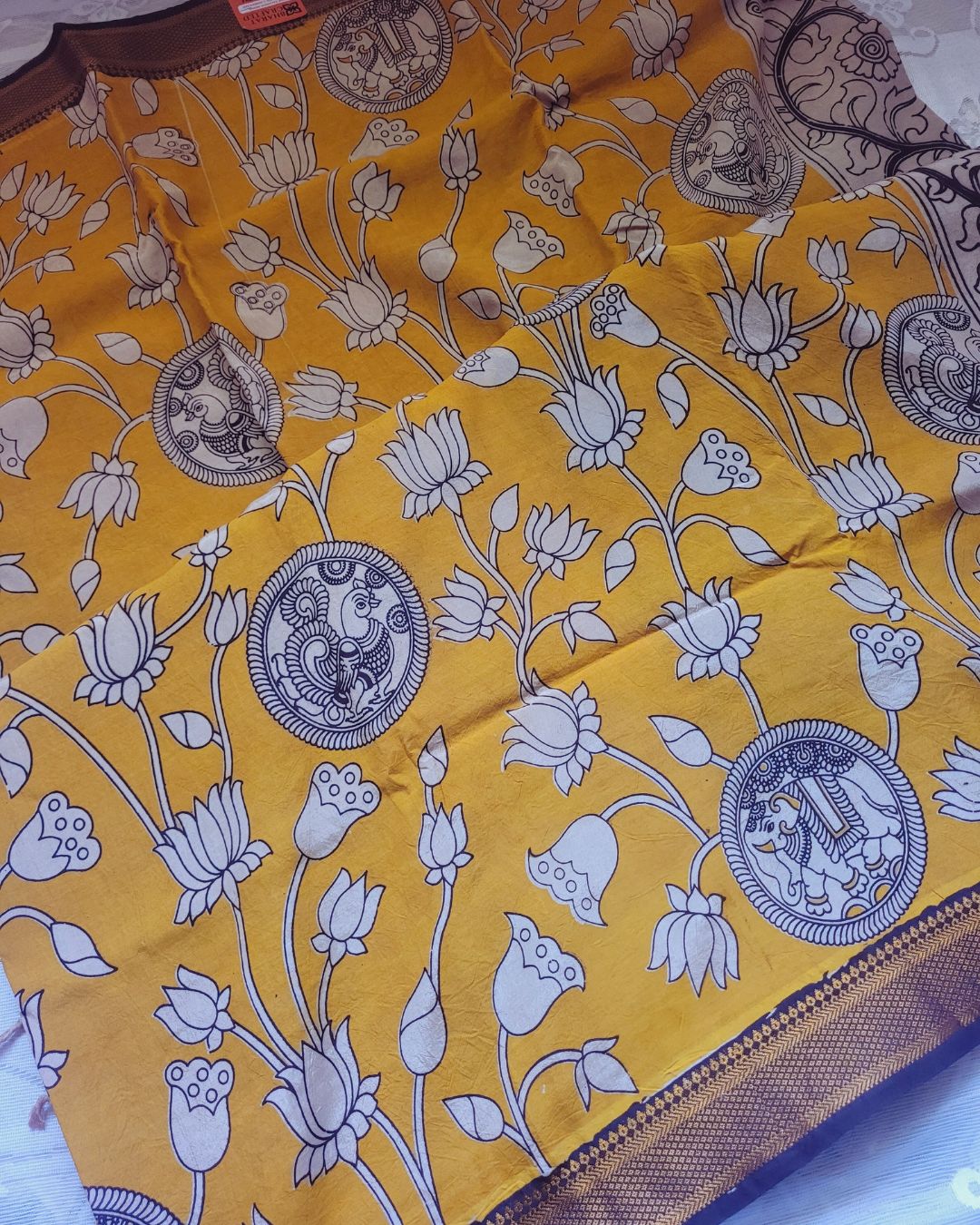 Kalamkari Nizam Border Lemon Yellow Elephant Circle - Camanti