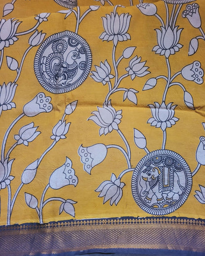 Kalamkari Nizam Border Lemon Yellow Elephant Circle - Camanti