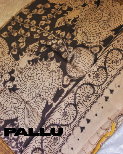 Kalamkari Nizam Border Lemon Yellow Elephant Circle - Camanti