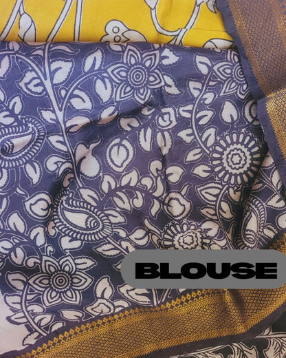 Kalamkari Nizam Border Lemon Yellow Elephant Circle - Camanti