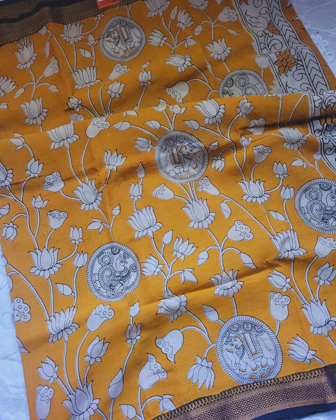 Kalamkari Nizam Border Mustard Yellow Elephant Circle - Banti