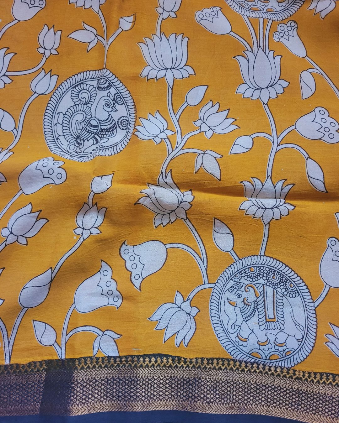 Kalamkari Nizam Border Mustard Yellow Elephant Circle - Banti