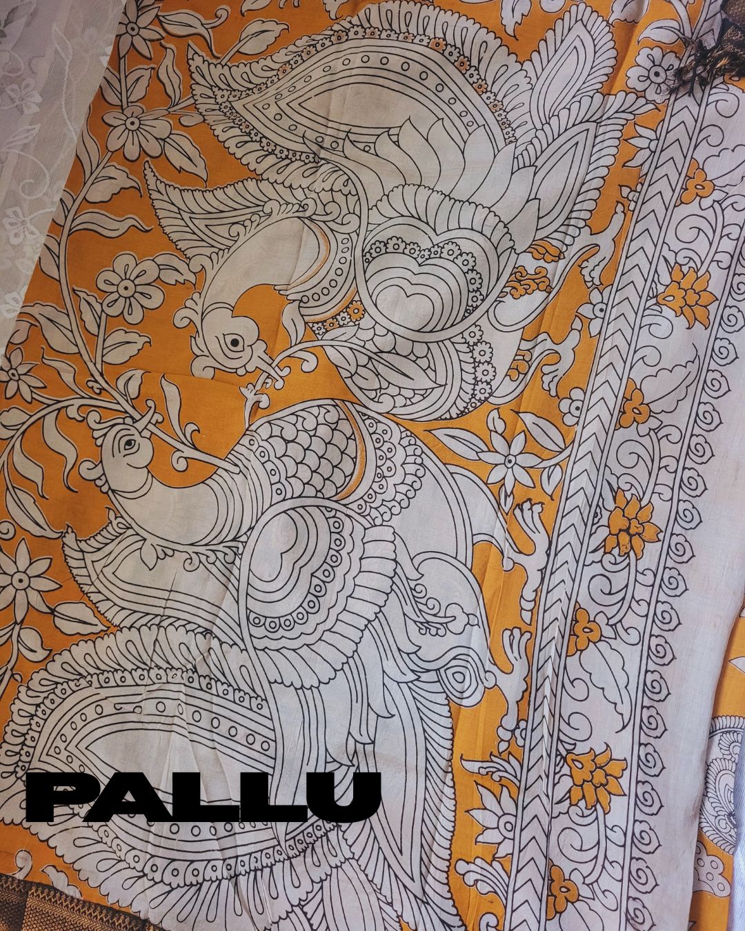 Kalamkari Nizam Border Mustard Yellow Elephant Circle - Banti