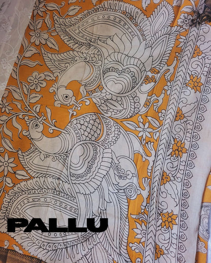 Kalamkari Nizam Border Mustard Yellow Elephant Circle - Banti