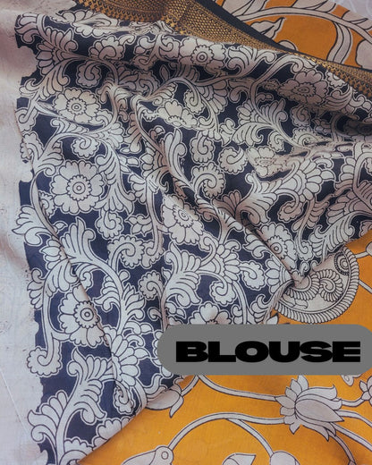 Kalamkari Nizam Border Mustard Yellow Elephant Circle - Banti