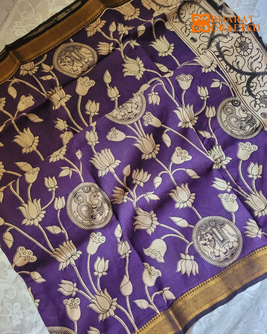 Kalamkari Nizam Border Purple Floral Printed Saree