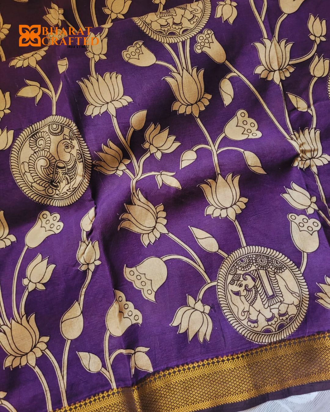 Kalamkari Nizam Border Purple Floral Printed Saree