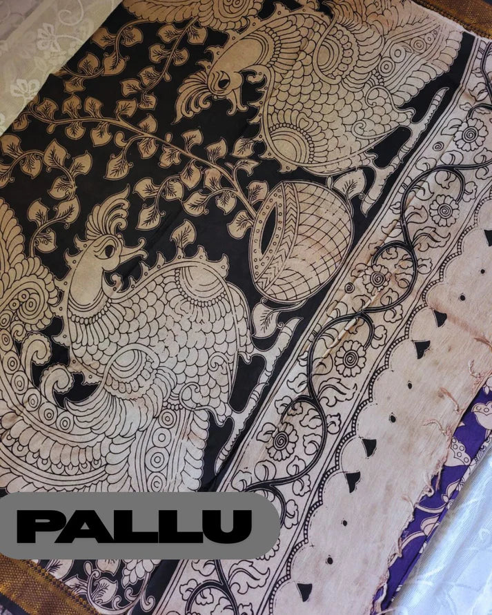 Kalamkari Nizam Border Purple Floral Printed Saree