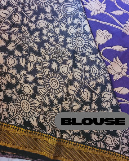 Kalamkari Nizam Border Purple Floral Printed Saree