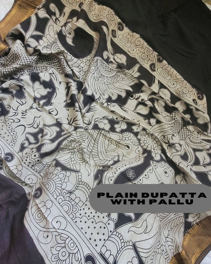 Kalamkari Silk Unstitched 3Pcs Lehenga Fabric - Beige & Black