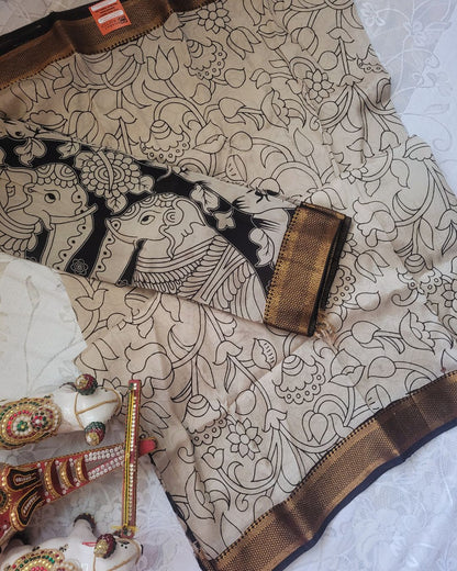 Kalamkari Silk Unstitched 3Pcs Lehenga Fabric - Beige & Black