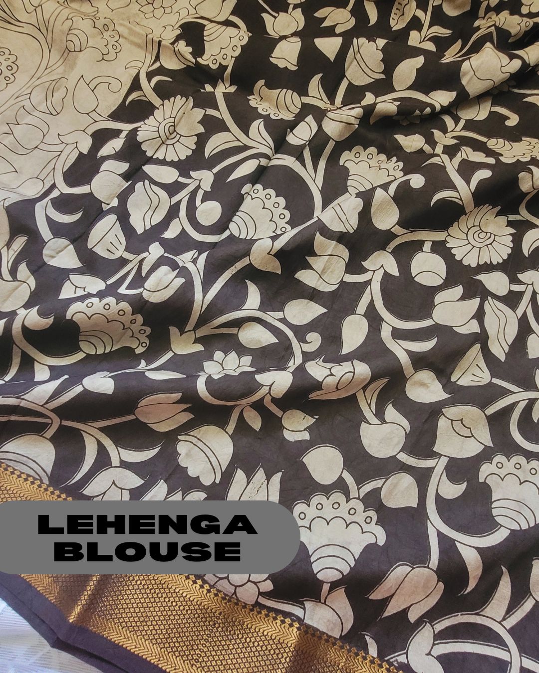 Kalamkari Silk Unstitched 3Pcs Lehenga Fabric - Beige & Black