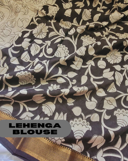 Kalamkari Silk Unstitched 3Pcs Lehenga Fabric - Beige & Black