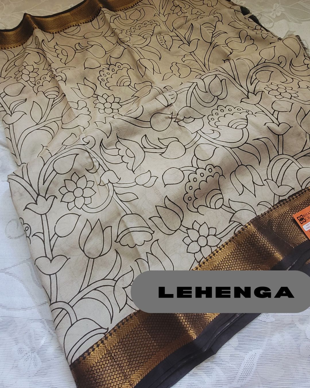 Kalamkari Silk Unstitched 3Pcs Lehenga Fabric - Beige & Black