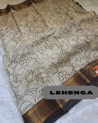 Kalamkari Silk Unstitched 3Pcs Lehenga Fabric - Beige & Black