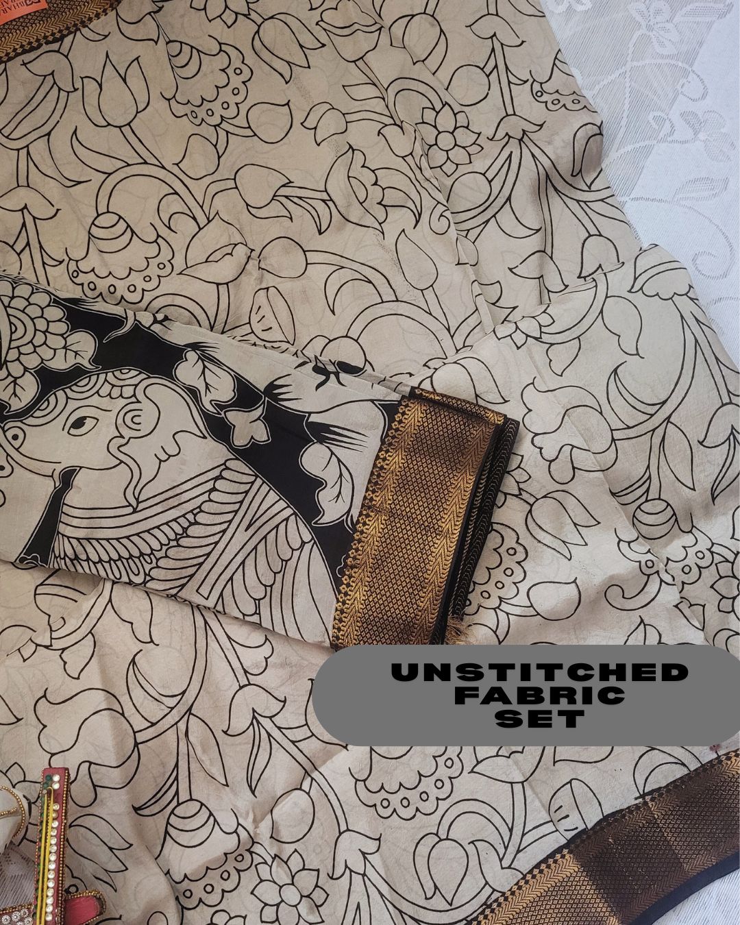 Kalamkari Silk Unstitched 3Pcs Lehenga Fabric - Beige & Black