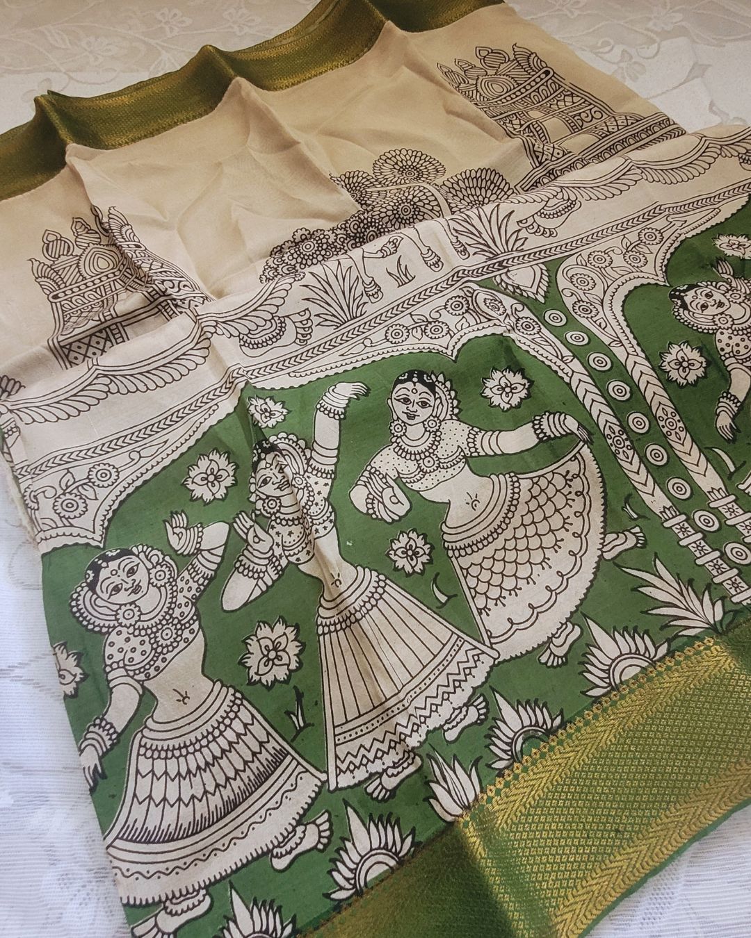 Kalamkari Silk Unstitched 3Pcs Lehenga Fabric - Dark Green