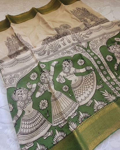 Kalamkari Silk Unstitched 3Pcs Lehenga Fabric - Dark Green