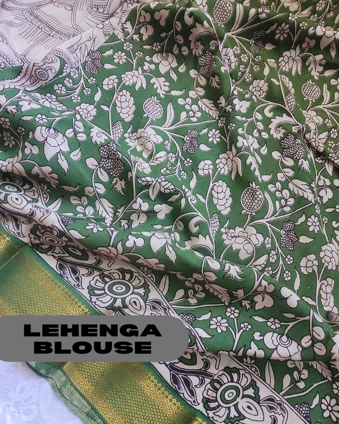 Kalamkari Silk Unstitched 3Pcs Lehenga Fabric - Dark Green