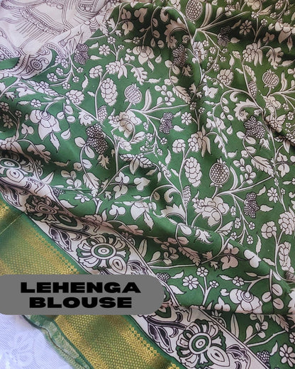 Kalamkari Silk Unstitched 3Pcs Lehenga Fabric - Dark Green