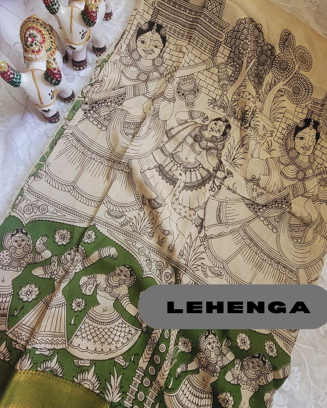Kalamkari Silk Unstitched 3Pcs Lehenga Fabric - Dark Green