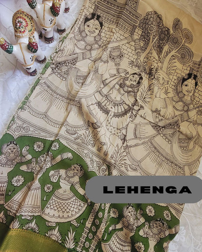 Kalamkari Silk Unstitched 3Pcs Lehenga Fabric - Dark Green