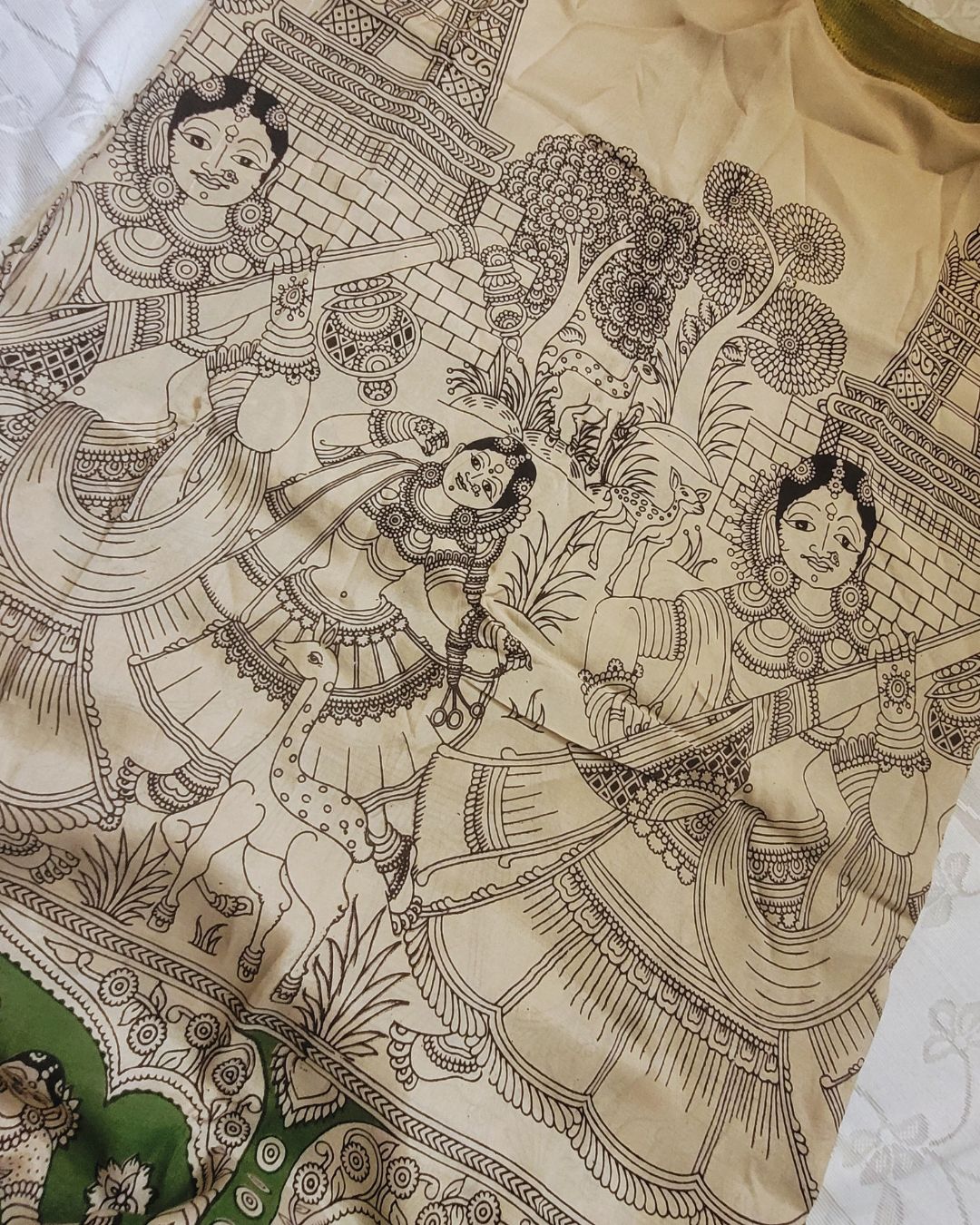 Kalamkari Silk Unstitched 3Pcs Lehenga Fabric - Dark Green