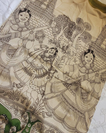 Kalamkari Silk Unstitched 3Pcs Lehenga Fabric - Dark Green