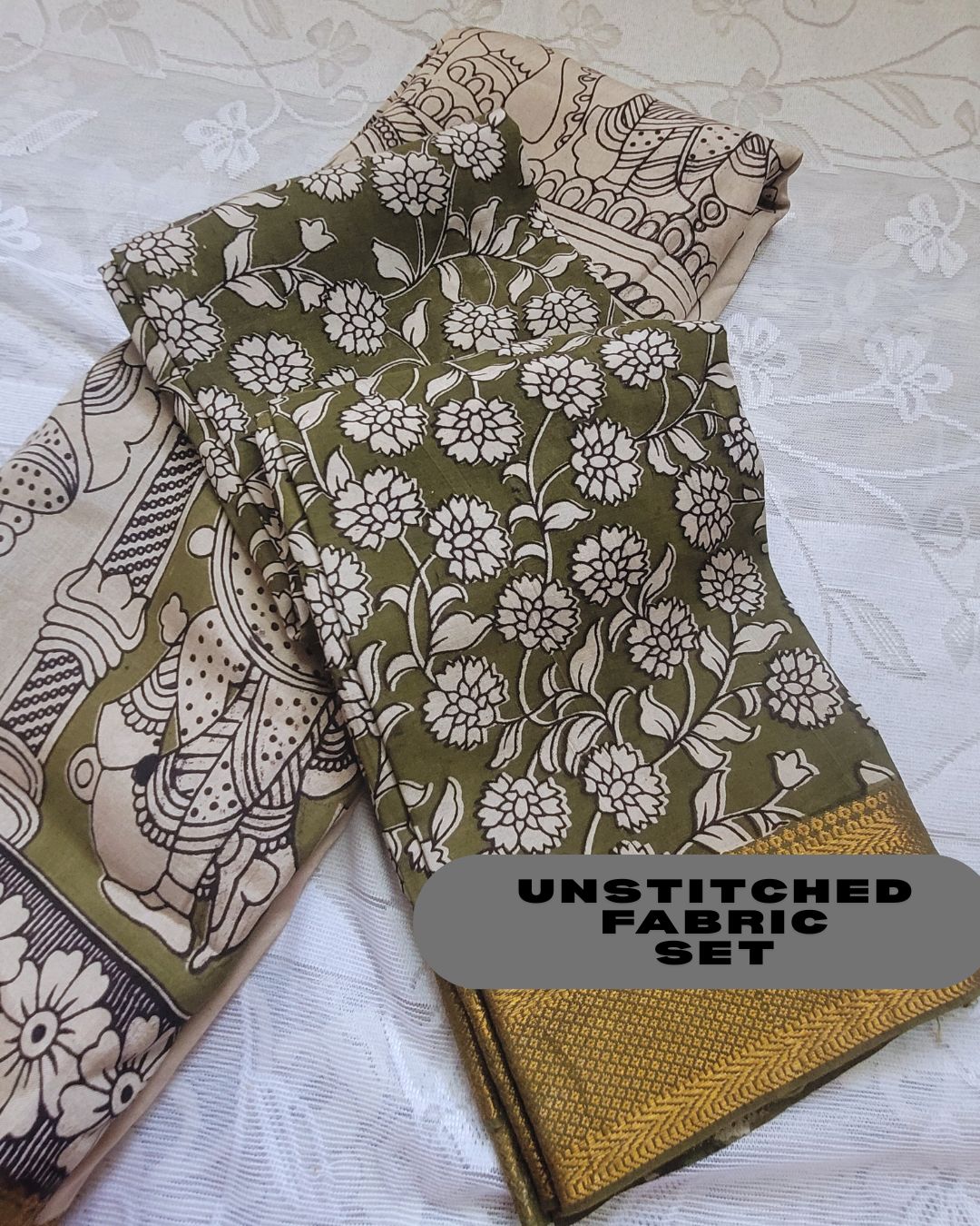 Kalamkari Silk Unstitched 3Pcs Lehenga Fabric - Mehndi Green