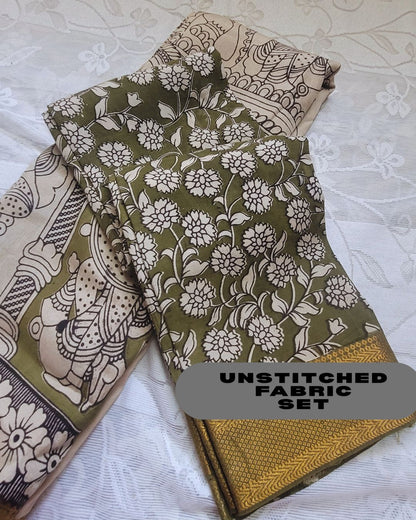 Kalamkari Silk Unstitched 3Pcs Lehenga Fabric - Mehndi Green
