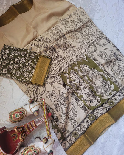 Kalamkari Silk Unstitched 3Pcs Lehenga Fabric - Mehndi Green