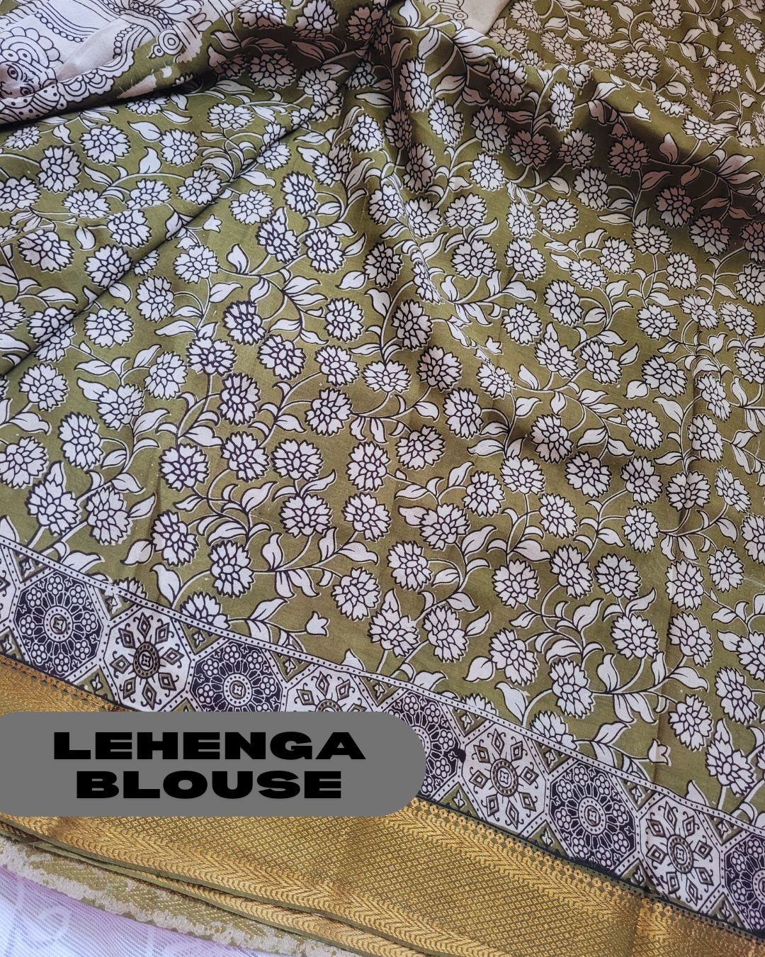 Kalamkari Silk Unstitched 3Pcs Lehenga Fabric - Mehndi Green