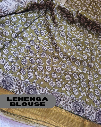 Kalamkari Silk Unstitched 3Pcs Lehenga Fabric - Mehndi Green