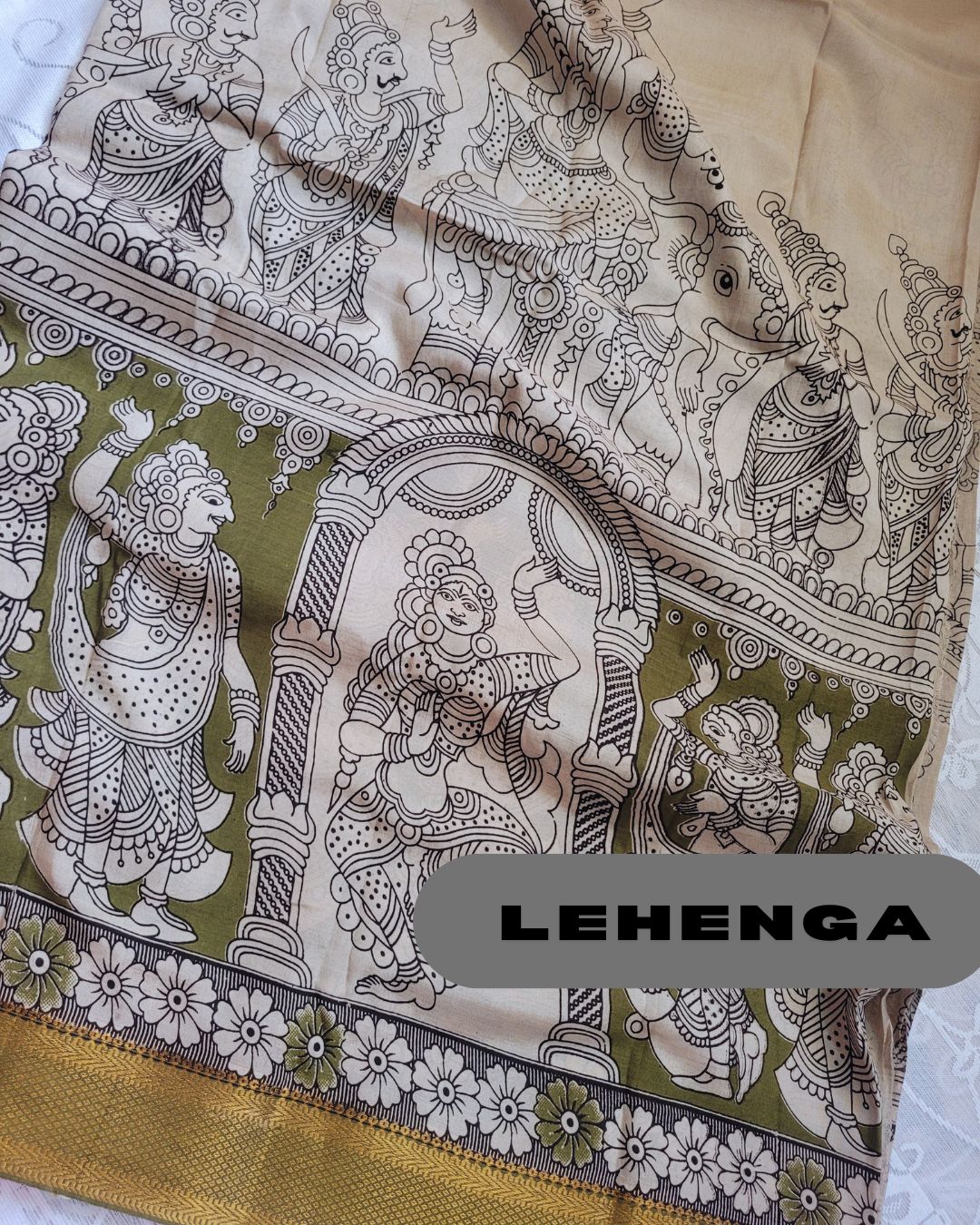 Kalamkari Silk Unstitched 3Pcs Lehenga Fabric - Mehndi Green