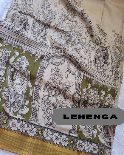 Kalamkari Silk Unstitched 3Pcs Lehenga Fabric - Mehndi Green