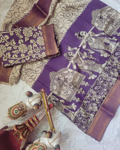Kalamkari Silk Unstitched 3Pcs Lehenga Fabric - Purple