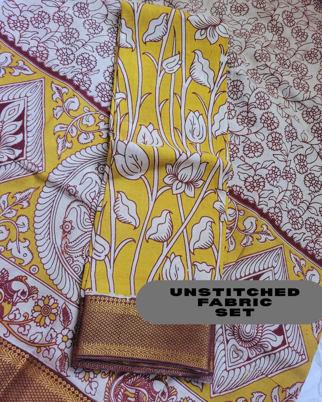 Kalamkari Silk Unstitched 3Pcs Lehenga Fabric - Yellow