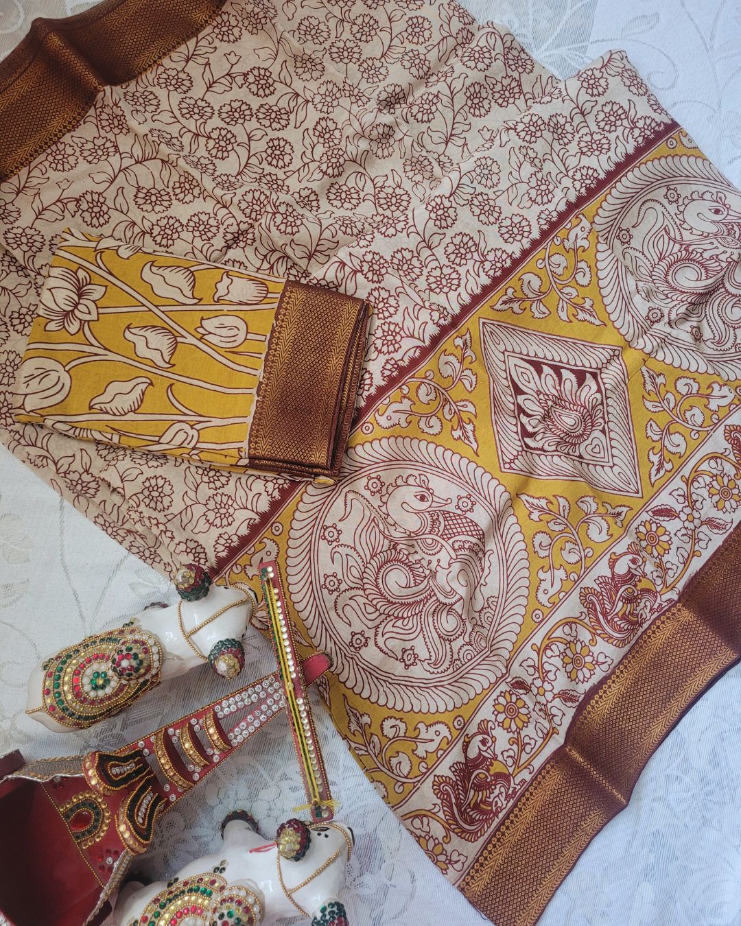 Kalamkari Silk Unstitched 3Pcs Lehenga Fabric - Yellow