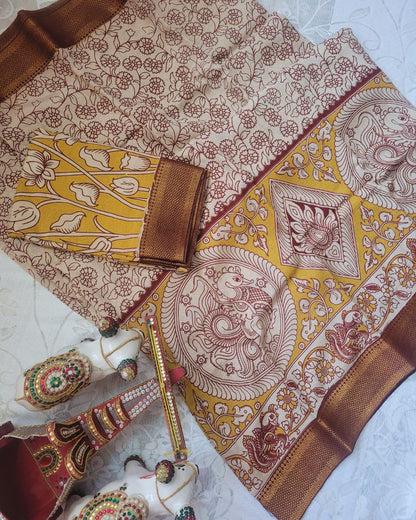 Kalamkari Silk Unstitched 3Pcs Lehenga Fabric - Yellow